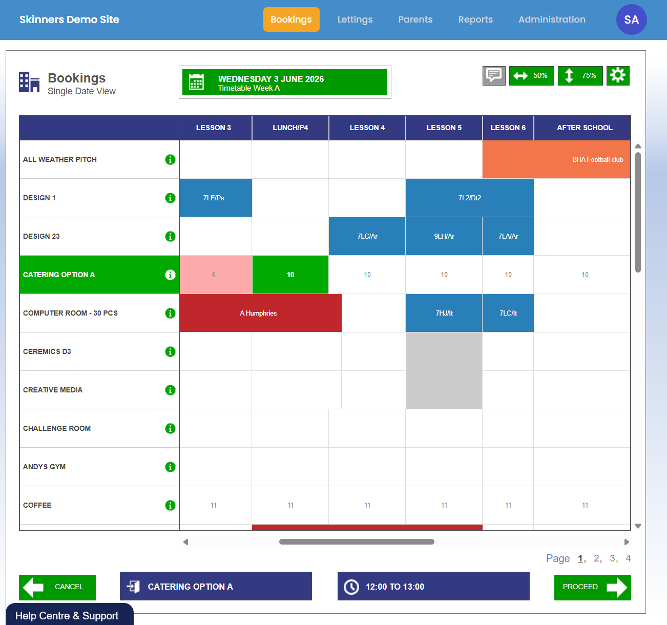 School booking planner interface screenshot