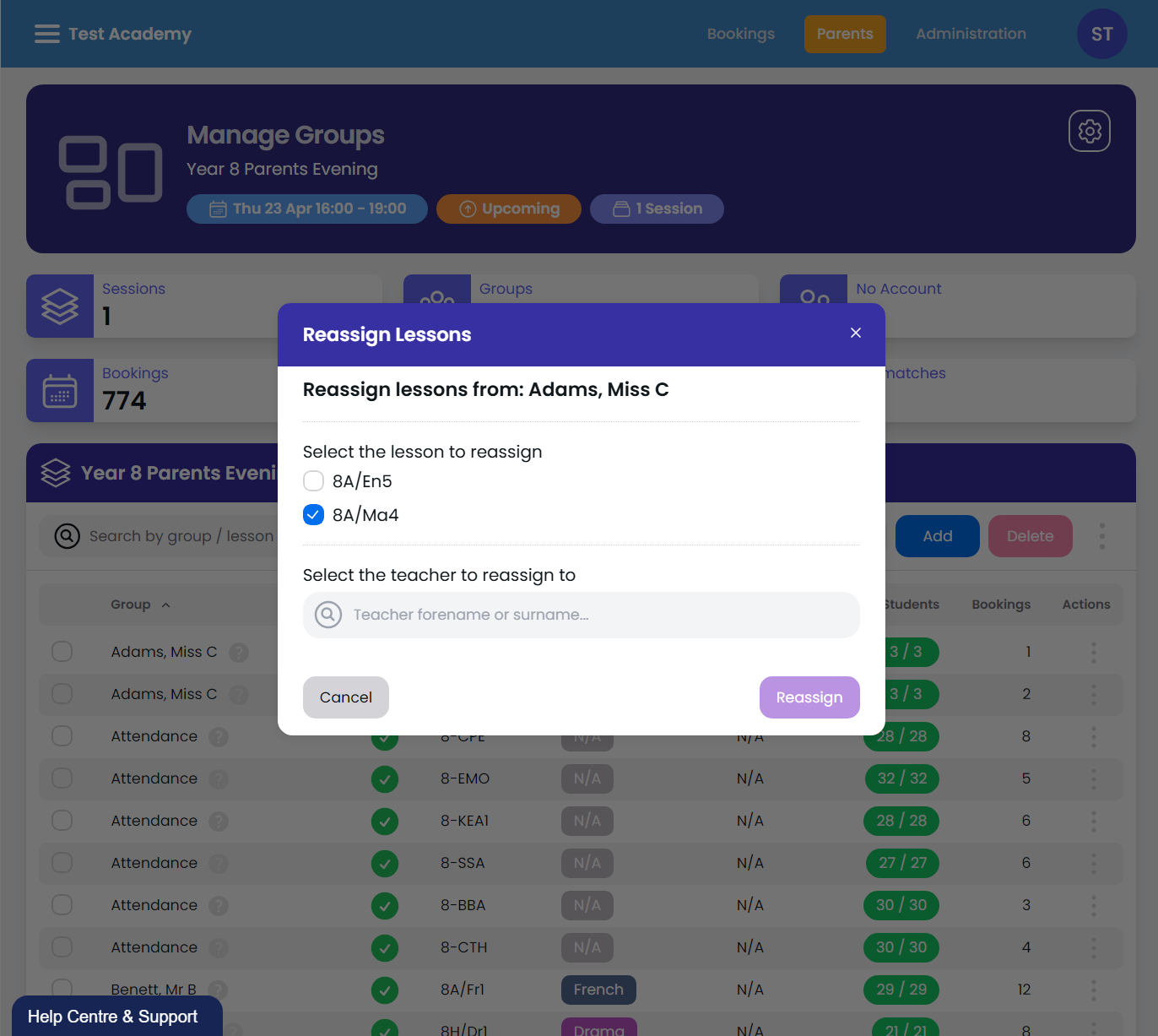 Event manager dashboard screenshot showing lesson scheduling and room management