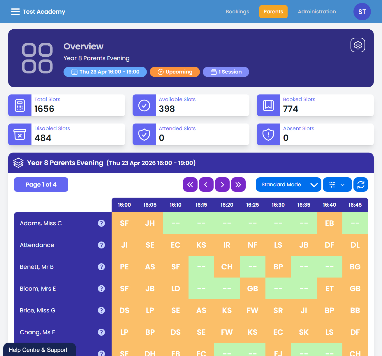 Parent Meetings booking management overview showing booked, available and disabled slots